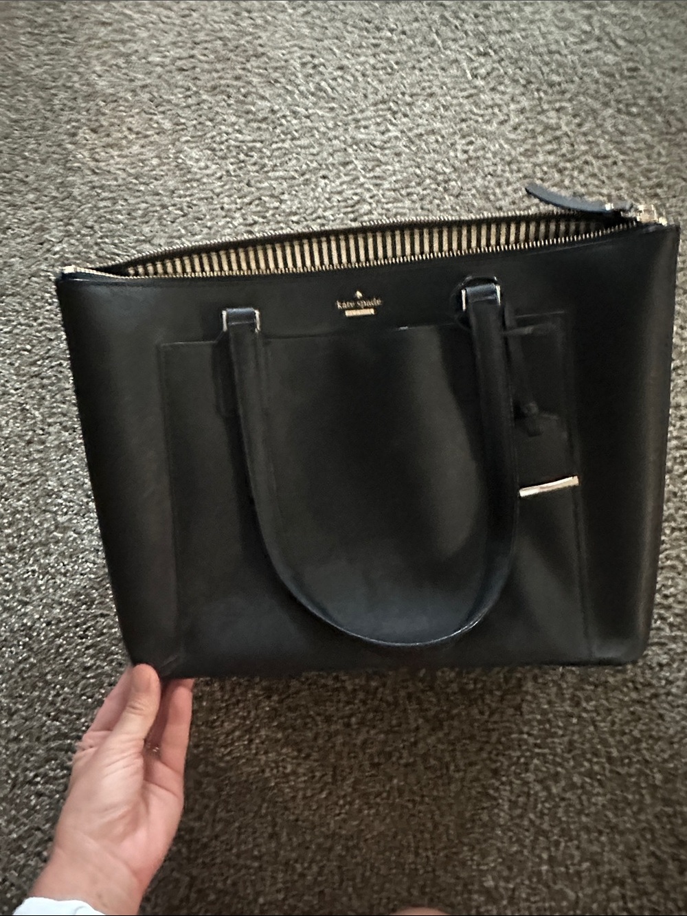 kate spade Black Leather Structured Tote with Striped Interior